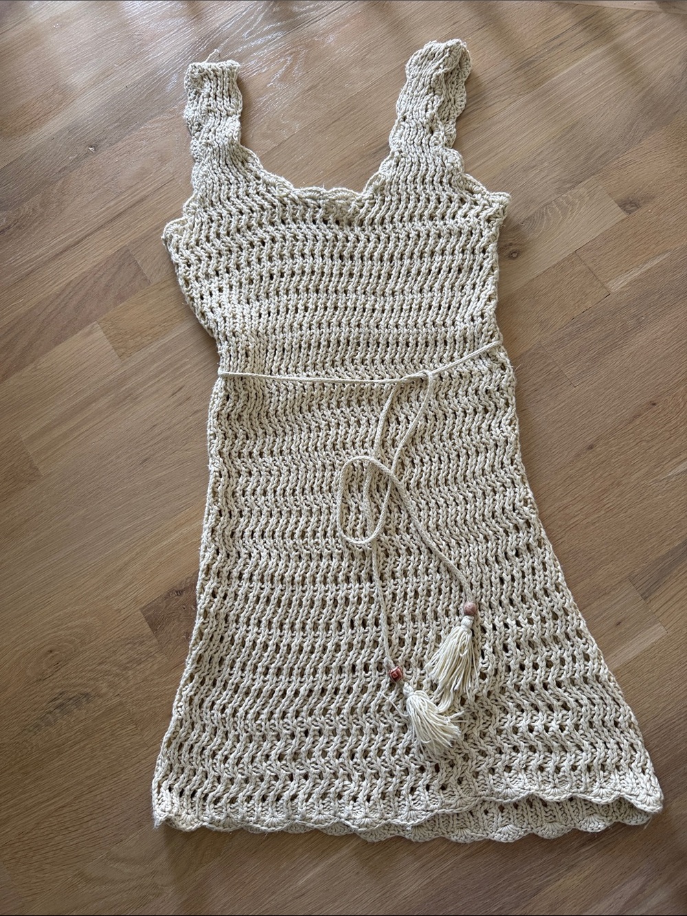 Lulu's Cream Crochet Mini Dress with Tassel Tie